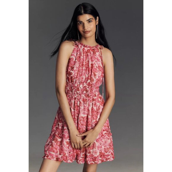 Anthropologie Size Small Somerset Halter Mini Dress Pink Floral Pockets - Picture 4 of 15